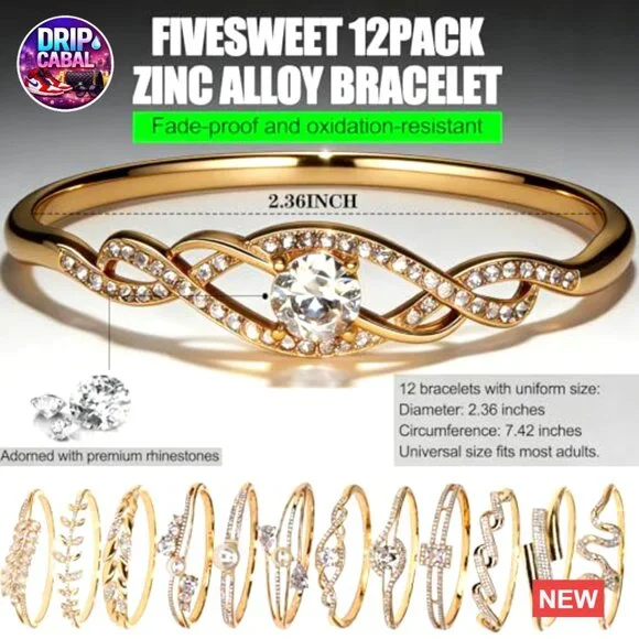 12 Piece Zinc Alloy Bangle Bracelet Set with Crystals for Daily Wear and Gifting